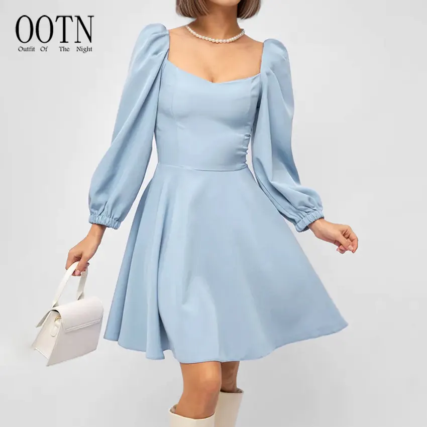 OOTN zarif mavi ofis kadın eteği 2024 seksi kare yaka elbiseler kadın Vintage yüksek bel elbiseler bahar yaz elbisesi