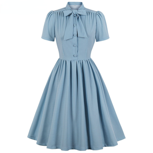Noeud papillon cou bureau Robe de soirée rétro solide bleu Hepburn Vintage <span class=keywords><strong>Pin</strong></span> <span class=keywords><strong>up</strong></span> Rockabilly Robe tunique Midi Robe d'été - Product Image 1