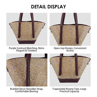 Sac fourre-tout tressé jaune et violet en gros, OEM ODM, écologique, avec fleurs séchées naturelles, grande capacité, fermeture éclair, GPS, pour femmes