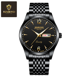 Binbond Men's Quartz Watch Black Gold Dial Date Week Display Stainless Steel Band 7mm Ultra Thin Water Resistant Analog Watch - Product Image 5