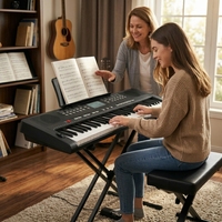 Clavier électronique piano noir et bleu avec écran numérique LED, 300 timbres, 300 rythmes, 2 modes d'enseignement, 54 touches, fonction MIDI