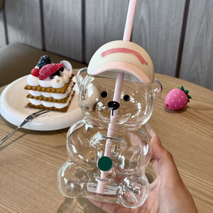 Vaso <span class=keywords><strong>de</strong></span> Vidrio <span class=keywords><strong>de</strong></span> Borosilicato en Forma <span class=keywords><strong>de</strong></span> Oso Rosa <span class=keywords><strong>con</strong></span> Tapa y Pajita, Bonito Vaso Frío Resistente al Calor, Libre <span class=keywords><strong>de</strong></span> BPA, <span class=keywords><strong>con</strong></span> Logotipo Personalizado - Product Image 5