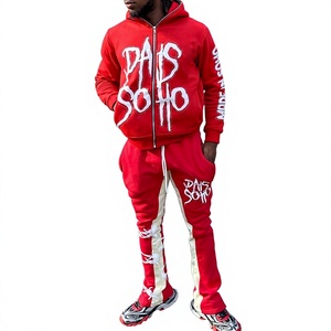 2024 Custom 3D for Rhinestone Winter Streetwear 100% Cotton Full Zip up Hoodie & <b>Flare</b> <b>Sweatpants</b> Set - Product Image 1