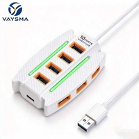 Hub répartiteur USB 2.0 à 10 ports avec lumière LED, 480 Mbps, extension USB, coque en fibre de carbone, 2 couleurs, pour ordinateur portable, ordinateur de bureau, clavier, disque dur
