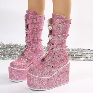 Nuovo arrivo scarpe glitterate con cerniera autunno inverno con cerniera spessa con zeppa goth rosa <span class=keywords><strong>blu</strong></span> <span class=keywords><strong>stivali</strong></span> alti al ginocchio da <span class=keywords><strong>donna</strong></span> - Product Image 1