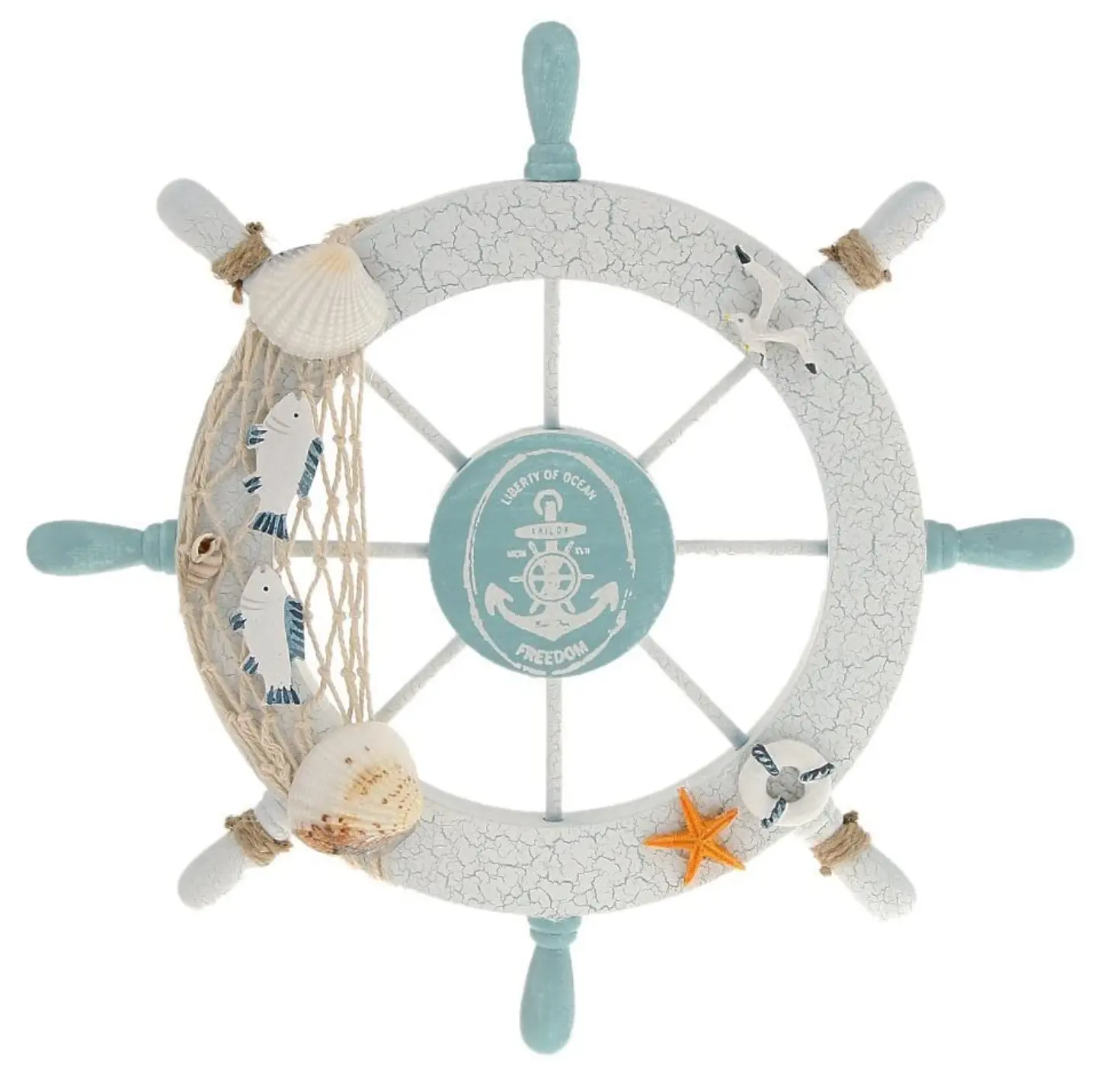 Praia náutica Barco de madeira Navio Volante Pesca Net Shell Home Wall Decor Branco-Peixe