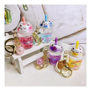 New Cartoon Oil Floating Liquid Quicksand Bottle Keychain Cute Milk Tea Cup Keyring Gift Personalized Cat Pet Key Chain