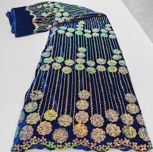 Tela de Encaje de <span class=keywords><strong>Terciopelo</strong></span> con Lentejuelas Bordadas y Cuentas, Estilo Nigeriano, para Vestidos de Mujer, Precio al por Mayor, Gran Venta - Product Image 5