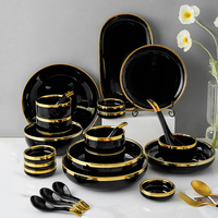 Ensemble de vaisselle en céramique noire à bord doré rétro, 9/18/26 pièces, pour 8 personnes