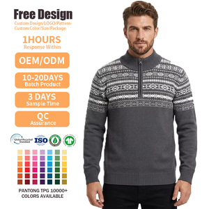 Custom Men's Long Sleeve <b>Jumper</b> High Neck Crew Knit Pullover Winter Casual Jacquard Quarter Zip Sweater with Logo - Product Image 2