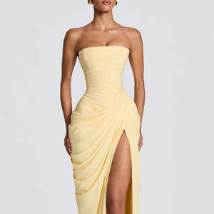 Robe de soirée femme style français, luxe léger, sans bretelles, nouvelle collection printemps-été, taille plissée, fendue asymétrique, longueur ras du sol - Product Image 3
