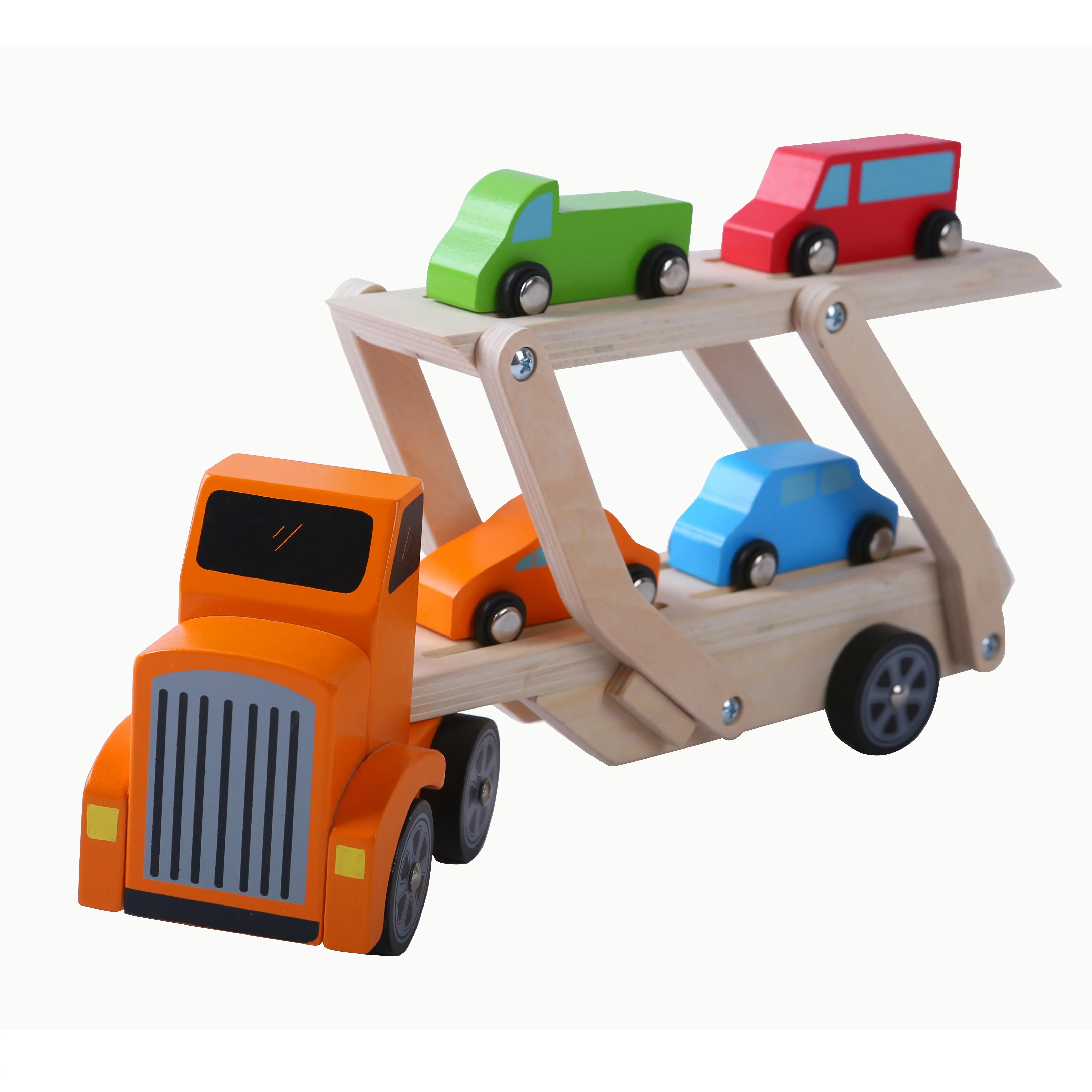 Educational Simulation Game Folding 5 in 1 Wooden Car Truck Carrier Toy with 4 Little Vehicle for Toddlers