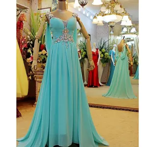 Mint Green Chiffon Evening Dress Beaded Crystals V neck Backless Spaghetti Straps Yellow Long Evening Gown Formal Prom Dress