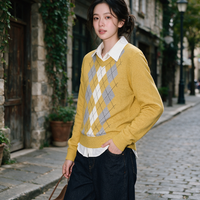 Pull en tricot à col en V à motif Argyle jaune pour femmes, style preppy, ample, service personnalisé pris en charge