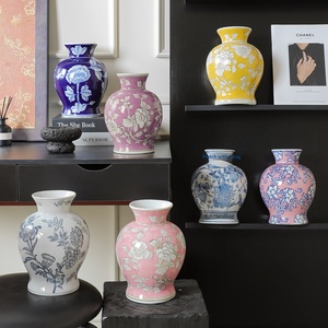 Nouveau vase de table en porcelaine bleue et blanche de style chinois, peint à la main, au design raffiné, pour salon et entrée, forme ventrue - Product Image 2