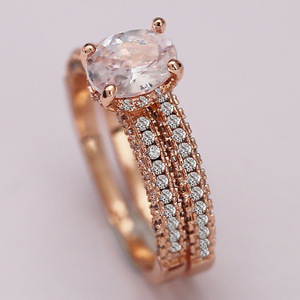 Women's <b>Rose</b> <b>Gold</b> Oval Four Prong Copper Romantic Engagement Style Couple Ring <b>Set</b> - Product Image 3