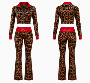 Completo da <span class=keywords><strong>donna</strong></span> in due pezzi con stampa leopardata, giacca corta con zip e pantaloni a vita alta a zampa d'elefante, outfit da casa per <span class=keywords><strong>donna</strong></span> - Product Image 1