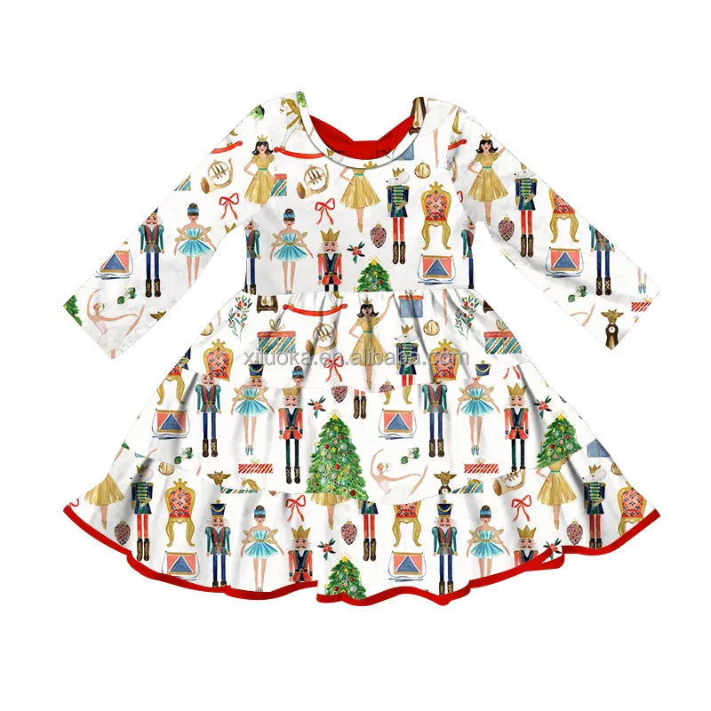 Custom Pattern Children Boutique Clothing Long Sleeve Christmas Girl Twirl Dresses