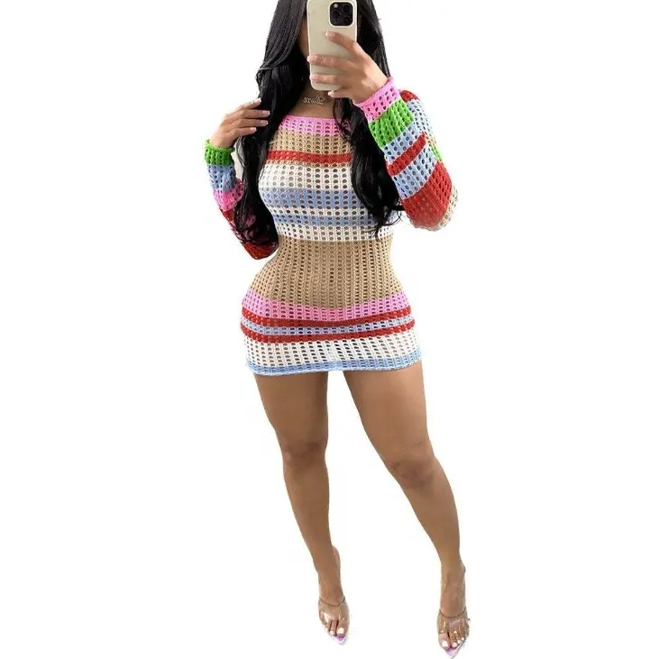 2024 Women's Fashion Knitted Striped Knitted Dress Summer Sweet Slim Fit Contrasting Hollow Out Dress Skirt