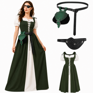 Conjunto de Vestido de Sirvienta Medieval Renacentista con Bolsa de Cintura con Hojas y Parche para Ojo, Disfraz de Pirata Vintage para Halloween, Cosplay, TV y Cine, LARP - Product Image 1