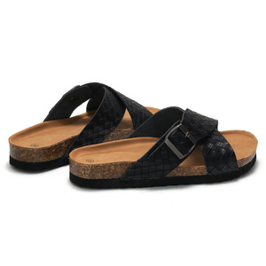 Sandalias Negras de Cuero Genuino con Tiras Cruzadas y Hebilla, Suela de Corcho, Chanclas de Verano con Punta Abierta, Estilo Clásico - Product Image 4