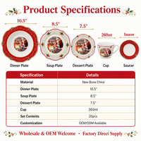 Service de table en céramique de Noël 20 pièces, vaisselle en porcelaine fine, assiettes décoratives Père Noël, ensembles de dîner