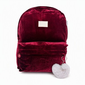 Zaino Trendy in Velluto Bordeaux per Ragazze con Chiusura a Cerniera, <span class=keywords><strong>Borsa</strong></span> Scolastica Retrò Preppy e Portachiavi con Pom-Pom a Cuore - Product Image 1