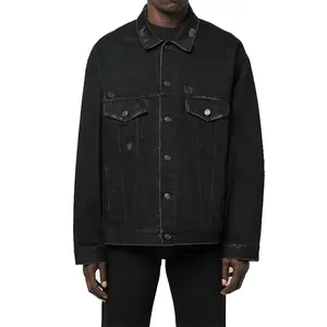 Custom Oversize Black Flap Pocket Jean Jacket Logo Embroidery Print Vintage Distressed Denim Men's Jacket With High Quality