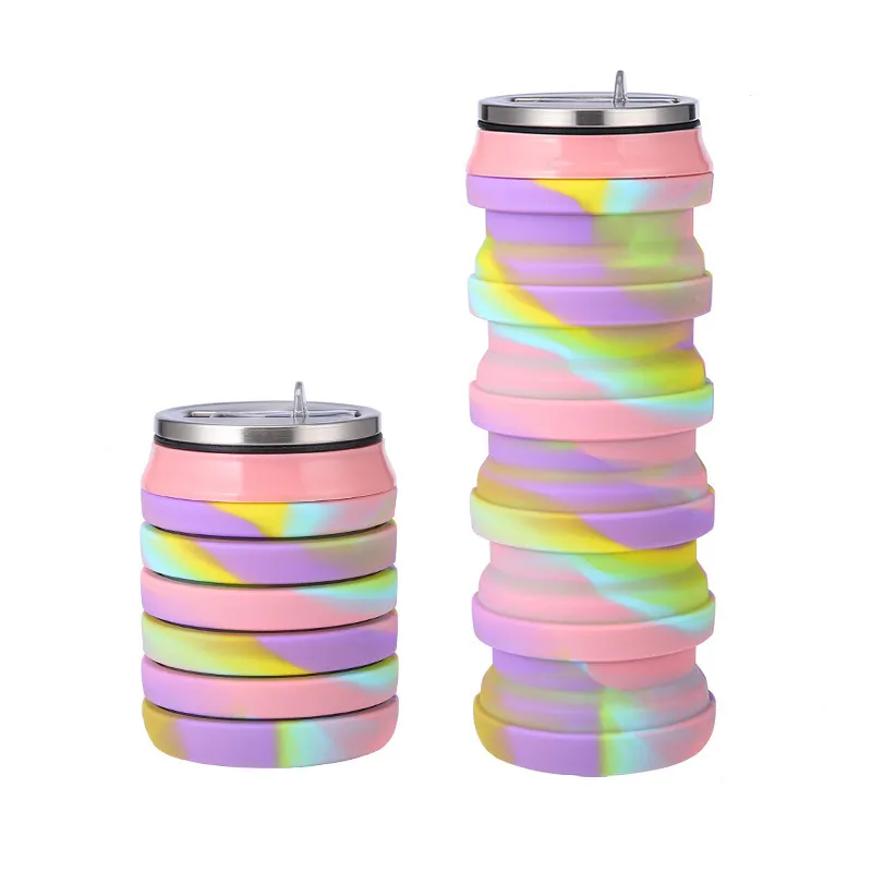 Wholesale Hot Amazon 16oz New Camouflage Color Collapsible silicone folding cola cans telescopic sports water bottle Jug