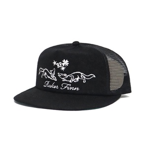 Precio bajo, venta al por mayor, lana, 5 paneles, bordado, logotipo personalizado, clásico, negro, sombrero de malla, ala plana, perfil bajo, transpirable, gorras de camionero antiguas - Product Image 1