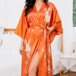 Nouvelle Robe de Nuit d'Été en Satin et Mousseline Imprimée, Peignoir Ample pour <span class=keywords><strong>Femme</strong></span>, Vêtement de Nuit, <span class=keywords><strong>Kimono</strong></span> à Col en V, Robe de Chambre de Luxe - Product Image 1