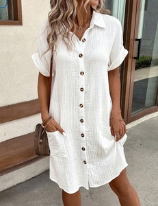 2026 AliExpress Wish for Hot Item Summer Vintage Leisure Anti-static Simple Large V-Neck Button Dress Women's <strong>Clothing</strong> - Product Image 6