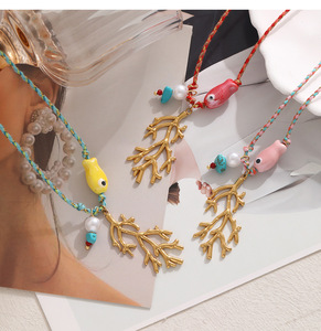 Bohemian Style Waterproof Stainless Steel Bead and <strong>Ceramics</strong> Fish Blue Colored Rope Necklace with Trendy <strong>Jellyfish</strong> Pendant - Product Image 5
