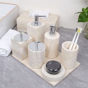 Wholesale Luxury Natural Travertine Stone Marble <strong>Ceramic</strong> Soap Dispenser Dish Bathroom Vanities <strong>Accessories</strong> Set - Product Image 2