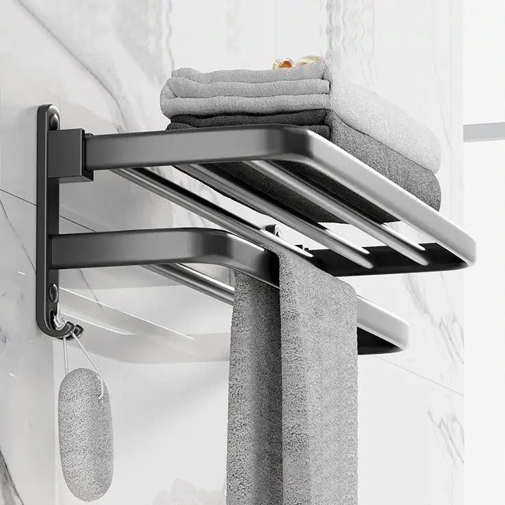 Folding Holder Accessories Wall Mount Rail Shower Hanger Bar Shelf Adhesive Rack with Towel Bars Towel Hooks for Bathroom