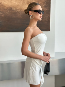 Kadın beyaz askısız Mini elbise 3D çiçek dekor asimetrik dantelli Bodycon kokteyl parti elbise - Product Image 2