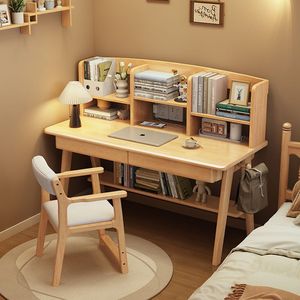 Solid Wood Desk With Bookshelf Integrated Study Computer Desk For Home Bedroom Writing <b>Table</b> 80-140Cm Size - Product Image 1