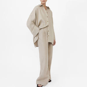 Tùy Chỉnh Tự Nhiên <span class=keywords><strong>Linen</strong></span> Phụ Nữ Thiết Lập Đầy Đủ Tay Áo Màu Rắn <span class=keywords><strong>Linen</strong></span> Pha Trộn Phụ Nữ Áo Sơ Mi Và Quần Phụ Nữ <span class=keywords><strong>Linen</strong></span> Bộ - Product Image 4
