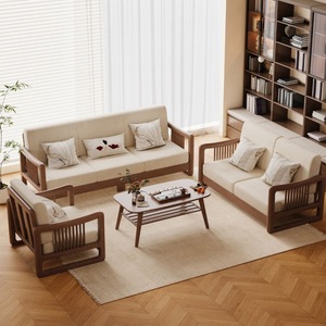 Dazhang Jiaju Solid Wood Sofa Three Seater New Chinese Style Fabric Living Room Furniture - Product Image 2