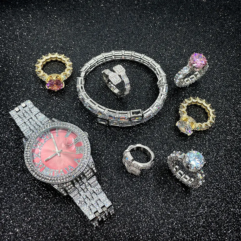 Iced Out Zircon jewelry set shiny rings diamond bracelet quartz men women wrist watch