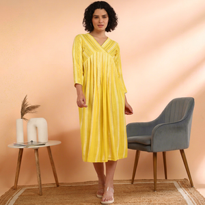 Vestido Amarillo a Rayas de Rayón para Mujer, Corte en A, Estilo Moderno, Secado Rápido, Ideal para Fiestas de Verano, Uso Diario, al Mejor Precio - Product Image 1