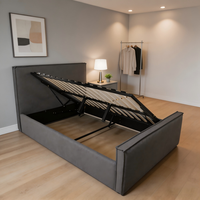 Cadre de lit rembourré gris moderne avec rangement, design de lit moelleux, tête de lit en bois, options taille Queen et King, mobilier de chambre minimaliste