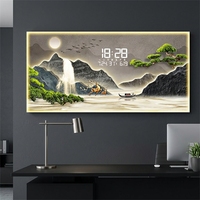 Horloge murale numérique dissimulée en cristal rétroéclairé par LED, style luxe moderne, peinture paysagère 3D, décoration de salon, base en papier