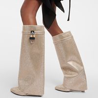 Bottes Hautes Scintillantes à Strass et Bout Pointu pour Femmes, Modèle Pliable, Talon Plat Compensé, Style Hiver Élégant
