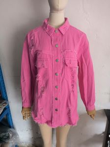 Chaqueta de Mezclilla I-0691 Nueva, Color Sólido, Estilo Medio Largo, Perforada, Manga Larga, Estilo Americano - Product Image 5