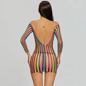 Robe courte à manches longues rayée arc-en-ciel colorée 2026, épaules dénudées, pour femmes rondes matures, lingerie sexy et chaude - Product Image 2
