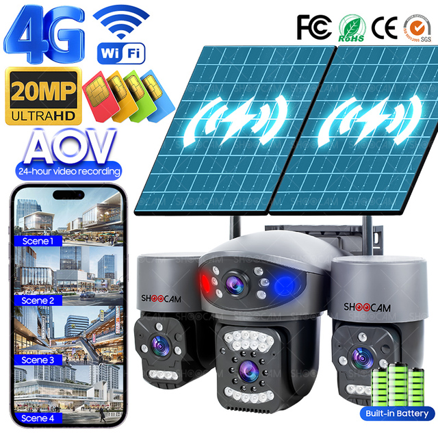 Hieasy 20MP 4Lens 3Ptz Solar Seguridad Camera IP66 Ai Camara 4G Wireless 4k Security Ip Cctv Outdoor Wifi De Home Camaro