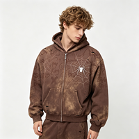 Sweat à capuche zippé marron délavé à l'acide, imprimé toile d'araignée, effet vieilli, style streetwear, lavage vintage, coupe oversize pour homme