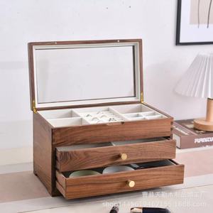 Boîte à bijoux en bois de noyer noir, boîte de rangement pour ornements et bijoux, boîte à cosmétiques multicouche de style tiroir, rangement en bois massif - Product Image 1