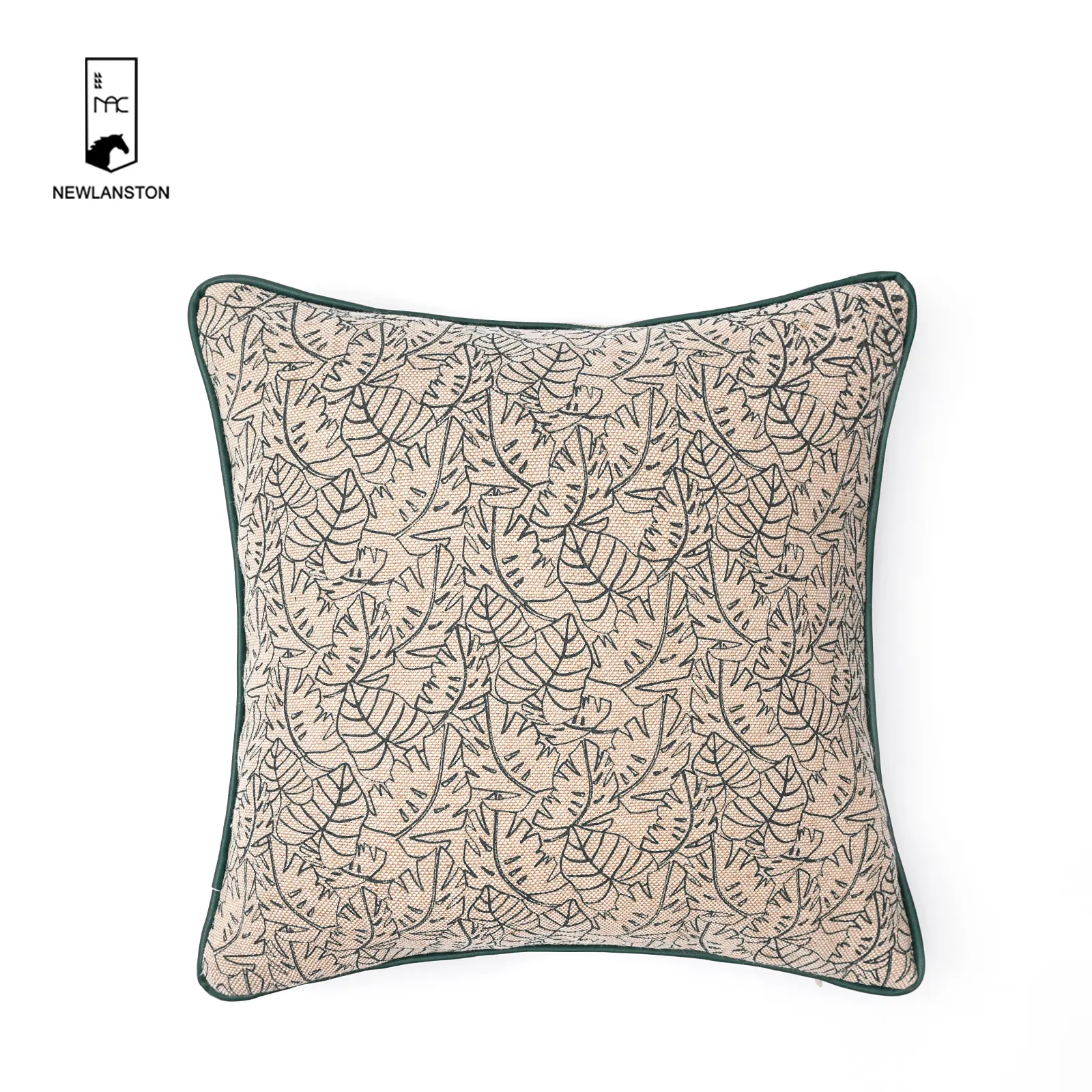 Modern Vintage Decor High Quality Linen Print Leaf PU Piping Cushion Cover Pillowcase
